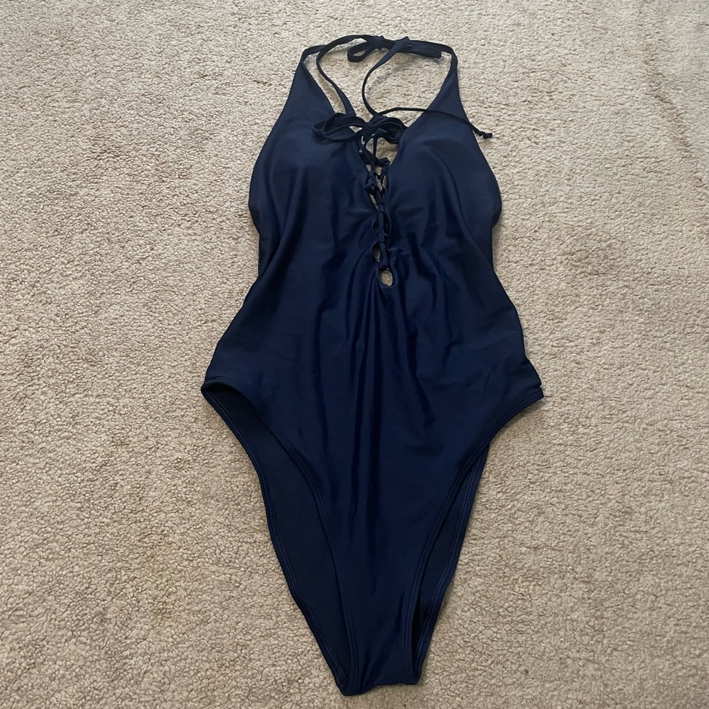 Lace Up Front Aerie One Piece Navy Blue Swimsuit Sz L